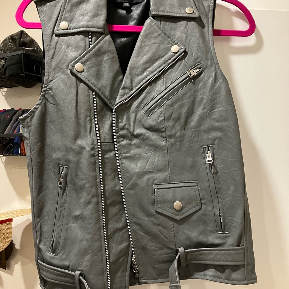 Women's Gray Leather Biker Vest